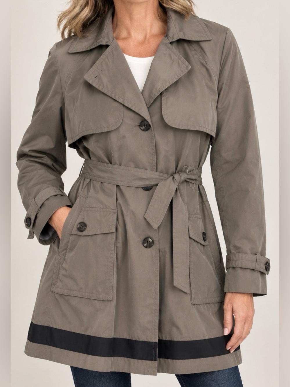 Tommy Hilfiger olive grey Trench Coat with gorgeous Purple Lining.Never worn!